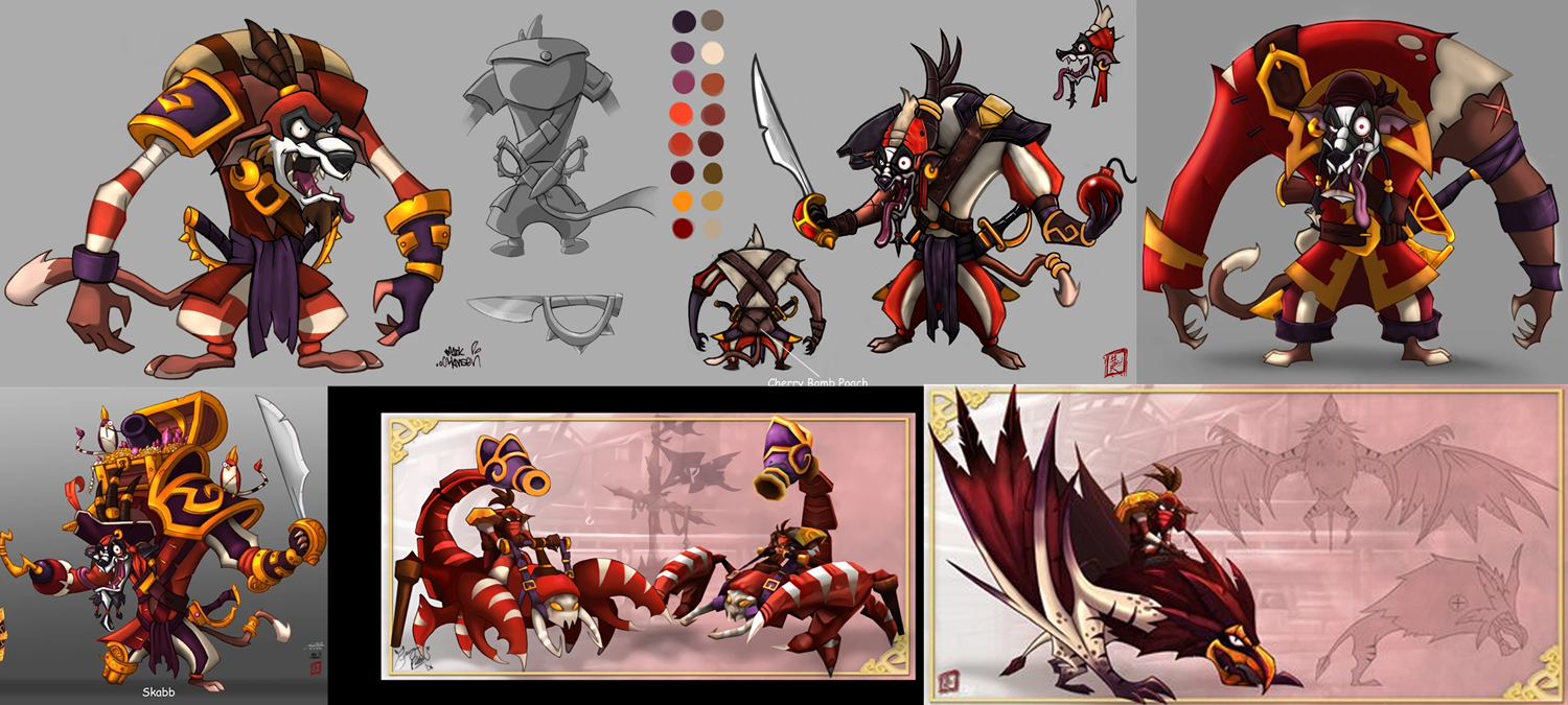 Concept art of various skavengers wearing pirate garb and carrying swords. At the bottom there are also two drawings of various creatures that skavengers have captured, two scorpion-like creatures and a bat-like creature with a skavenger riding each one.