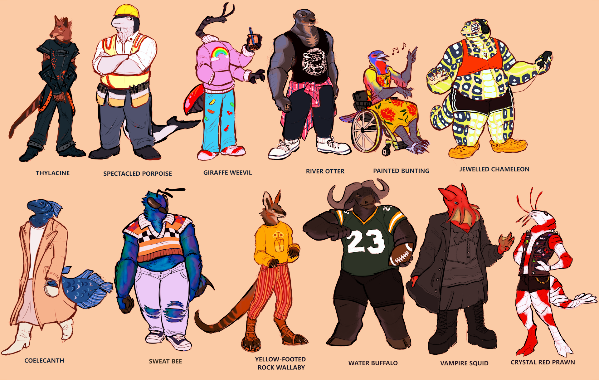 A lineup of anthropomorphic citizens of earth. In order: a visual kei thylacine, a construction worker spectacled porpoise, a y2k giraffe weevil, a hipster river otter, a painted bunting singer, an athletic jeweled chameleon, a coelecanth businesswoman, a sweat bee in a colorful crop top, a yellow-footed rock wallaby in a yellow sweater, a Provincian football player water bufflo, a classical goth vampire squid, and a punk crystal red prawn.