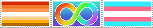 A set of three stamps. The first is the butch lesbian flag, the second is the neurodivergence pride symbol, and the third is the trans flag.