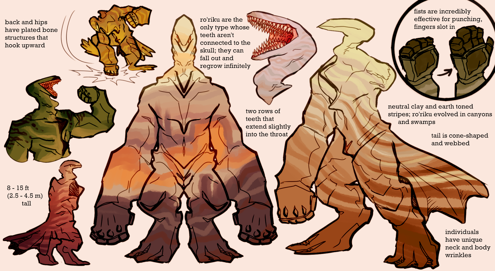 Ro'riku are huge, muscular aliens with large forearms. Back and hips have plated bone structures that hook upward. 8 to 15 feet (2.5 to 4.5 meters) tall. Ro'riku are the only type of Xorryaddan whose teeth aren't connected to the skull; they can fall out and regrew infinitely. Two rows of teeth that extend slightly down into the throat. Fists are incredibly effective for punching, the fingers slot into the hand. Neutral clay and earth toned stripes; ro'riku initially evolved in canyons and swamps. Tail is cone-shaped and webbed. Individuals have unique neck and body wrinkles.