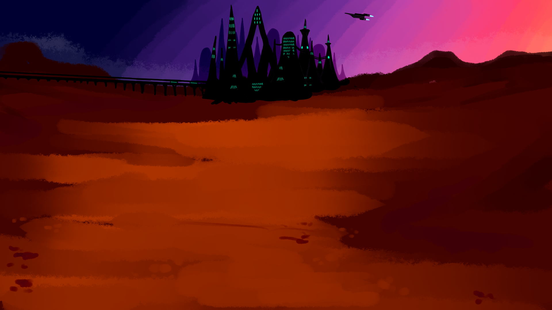 A cityscape of a New Xorryan city featuring the tall black spire buildings with cyan-lit windows, a small spacecraft used for interplanetary travel, and a tram system driving off into the horizon. The landscape is made up of dusty red sand dunes, with a few red rock mountains in the background.