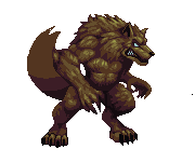 A gif of a muscular werewolf with brown fur, thrashing its tail and snarling.